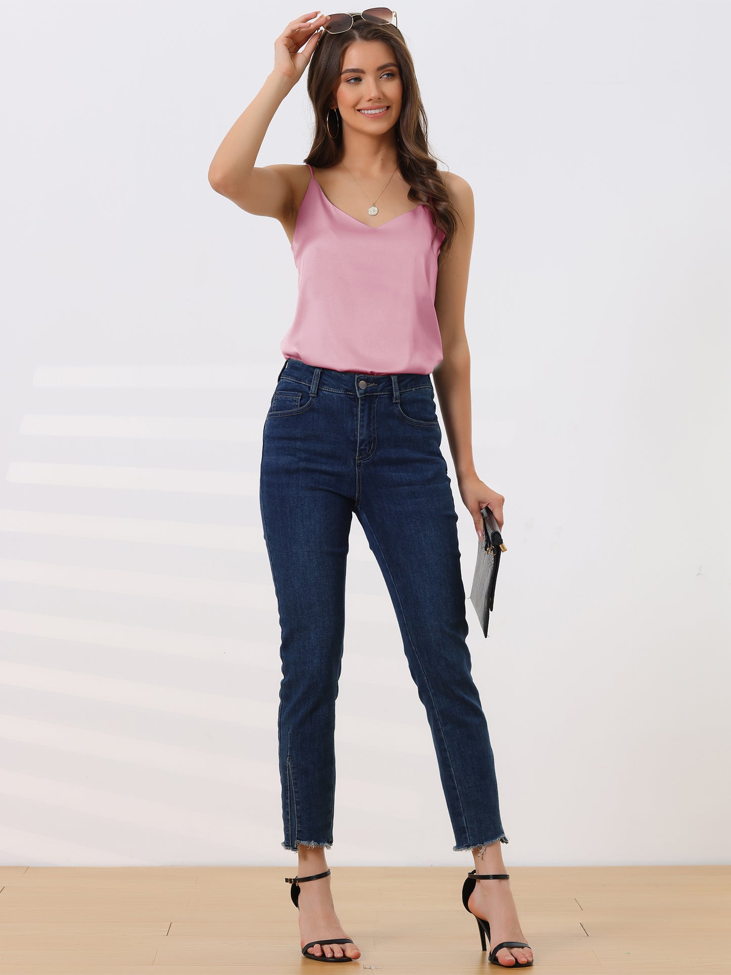 Women's Camisole Satin Cami Top Basic V Neck Spaghetti Strap Top Silky Camisole