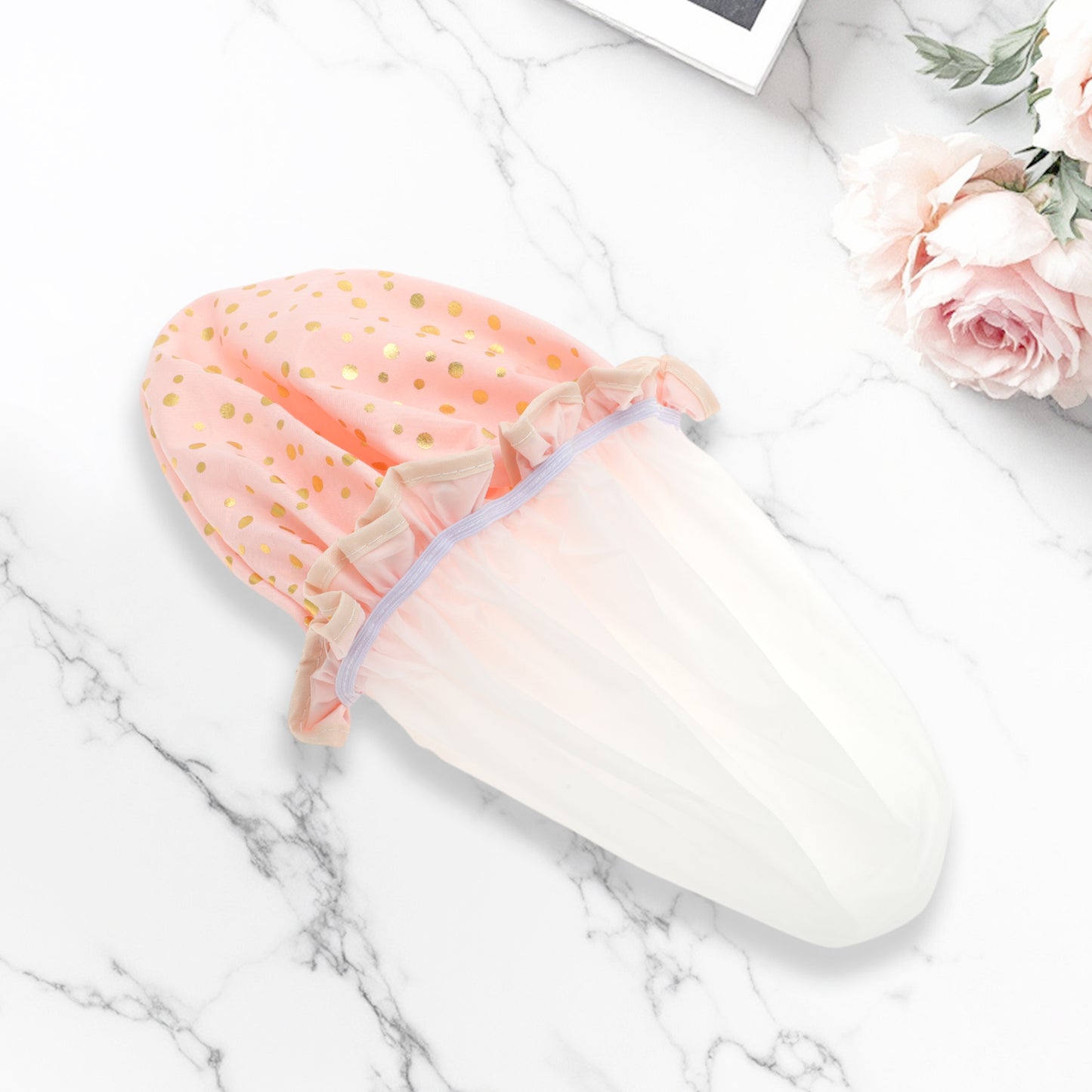 3 Pcs Reusable Dots Double Layer Shower Cap for Shower Pink