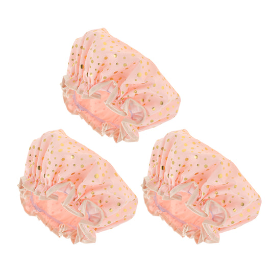3 Pcs Reusable Dots Double Layer Shower Cap for Shower Pink