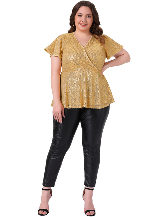 Women Plus Size Sequin Top V Neck Faux Wrap Metallic Short Sleeve Peplum Blouse Partywear
