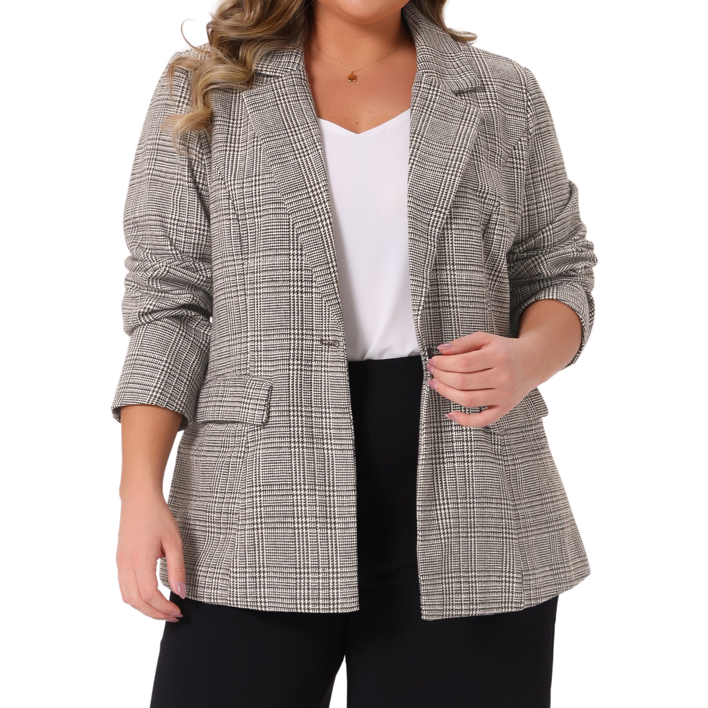 Women Plus Size Blazer Plaid Notched Lapel Long Sleeve Business Casual Blazer Jacket