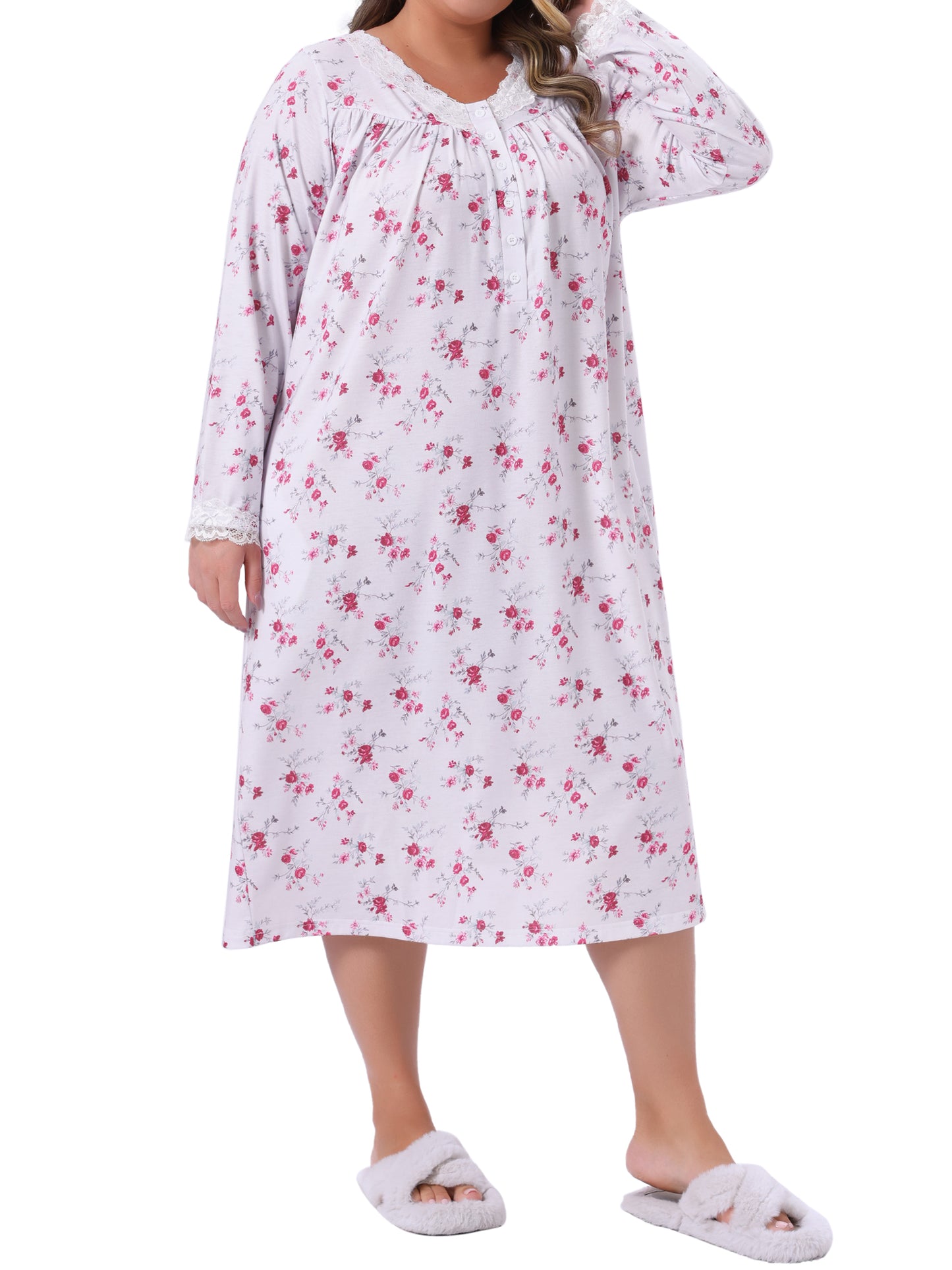 [PACK SALES] Women's Plus Size 2 Pieces Nightgown Lace Trim Floral V Neck Long Sleeve Sleepdress Soft Chemise Lounge Nightdress