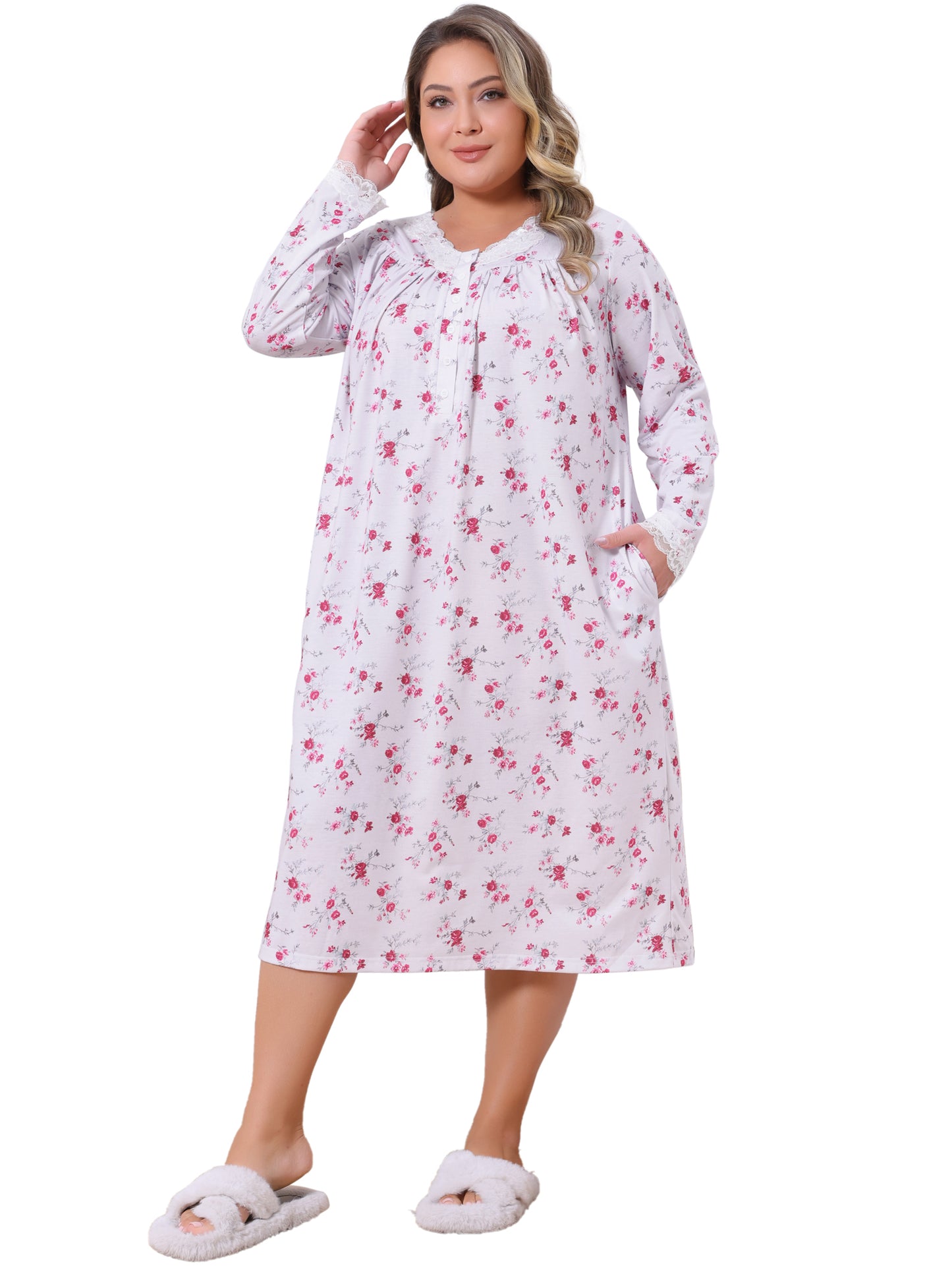 [PACK SALES] Women's Plus Size 2 Pieces Nightgown Lace Trim Floral V Neck Long Sleeve Sleepdress Soft Chemise Lounge Nightdress
