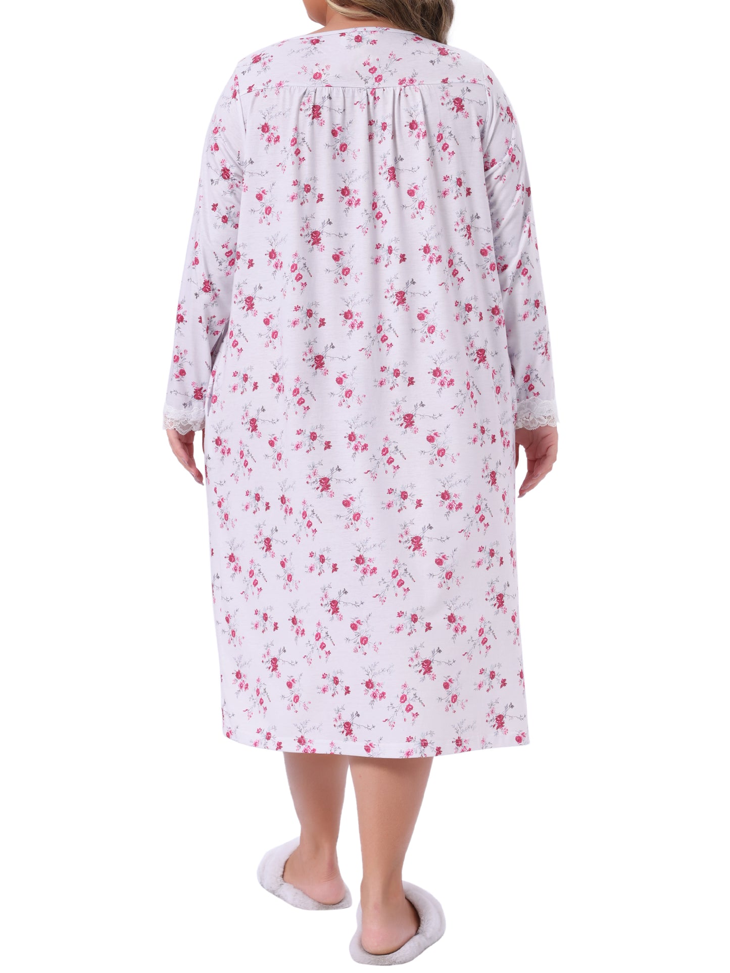 [PACK SALES] Women's Plus Size 2 Pieces Nightgown Lace Trim Floral V Neck Long Sleeve Sleepdress Soft Chemise Lounge Nightdress