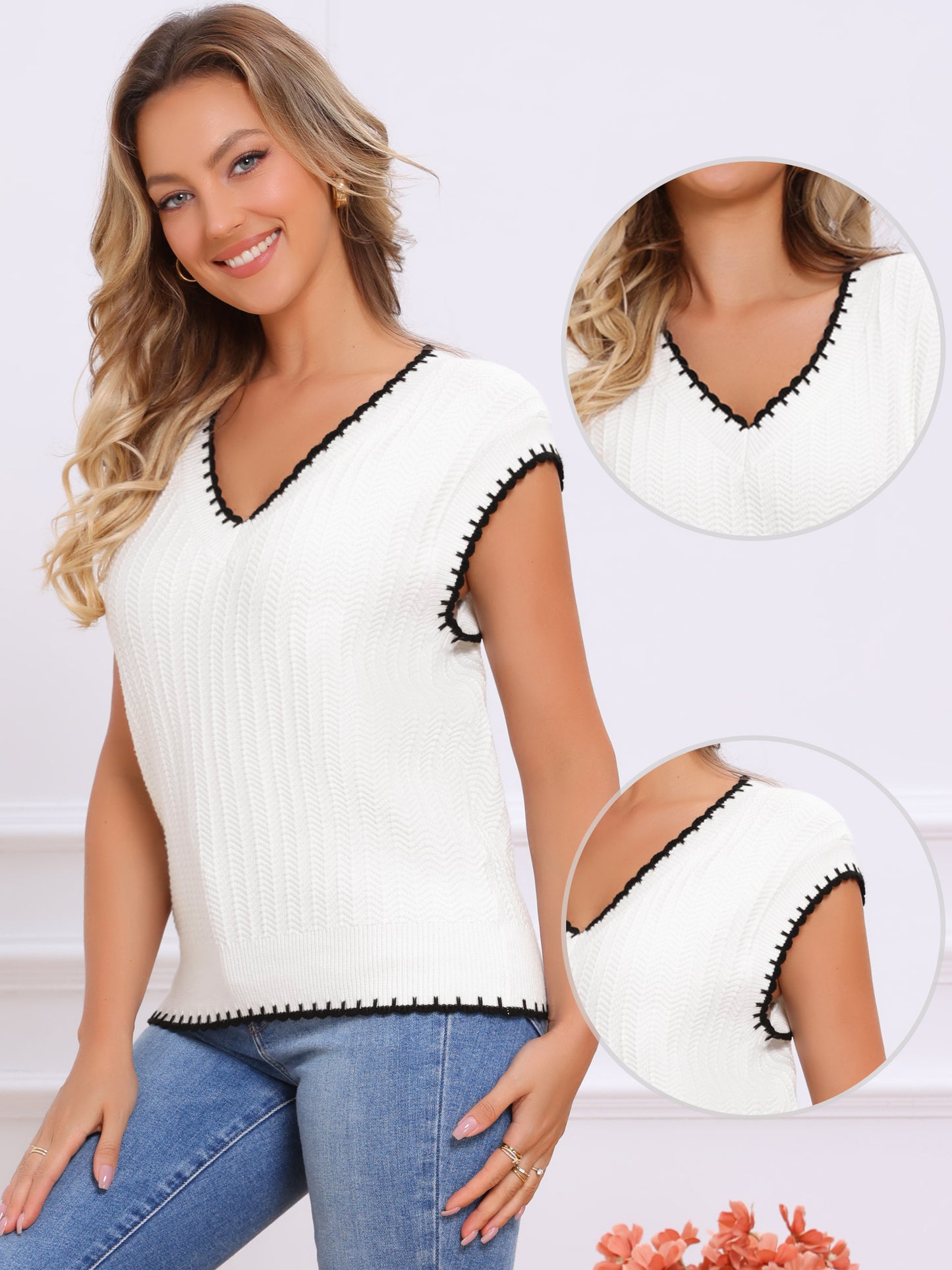 Women's Sweater Vest V Neck Contrast Color Sleeveless Knit Pullover Top