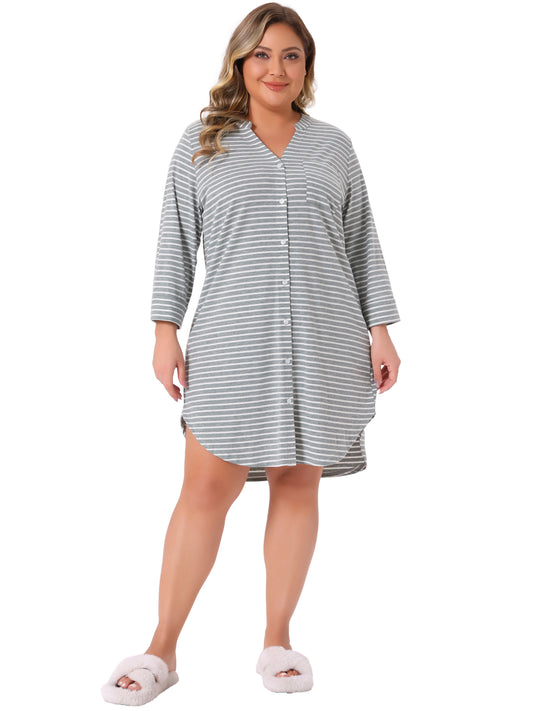 Women's Plus Size Button Down Sleepshirt Pajamas Dress V Neck 3/4 Sleeve Nightdress