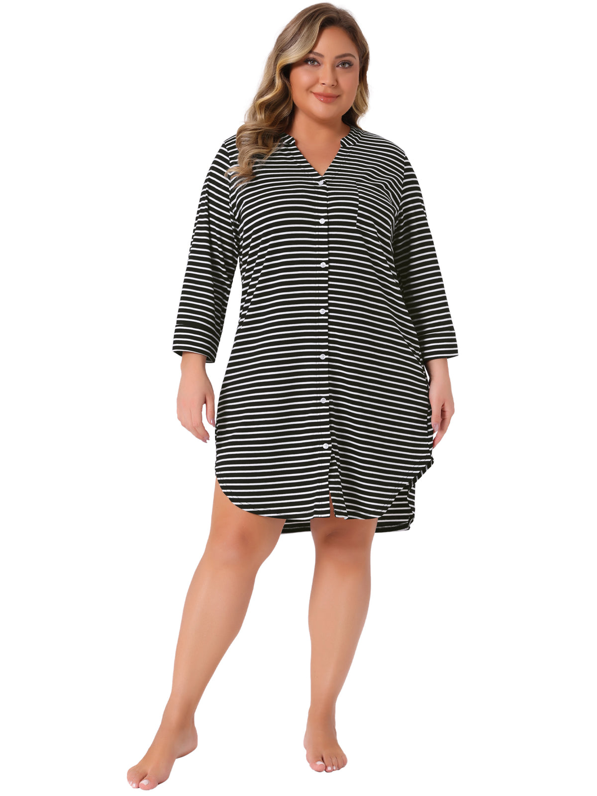 [PACK SALES] Women's Plus Size 2 Pieces Sleepshirt Stripe Button Down V Neck 3/4 Sleeve Soft Pajamas Dress Lounge Nightdress with Pocket
