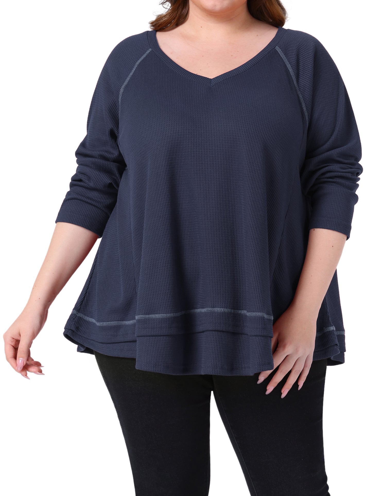 Women Plus Size Waffle Knitted Top V Neck Long Sleeve Patchwork Hem Pullover Knit Sweater Blouse