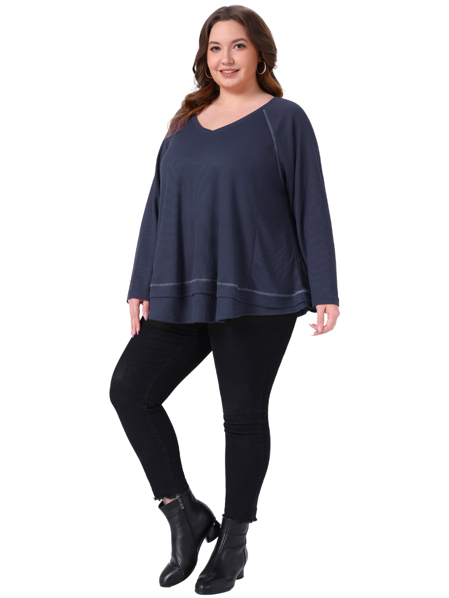 Women Plus Size Waffle Knitted Top V Neck Long Sleeve Patchwork Hem Pullover Knit Sweater Blouse