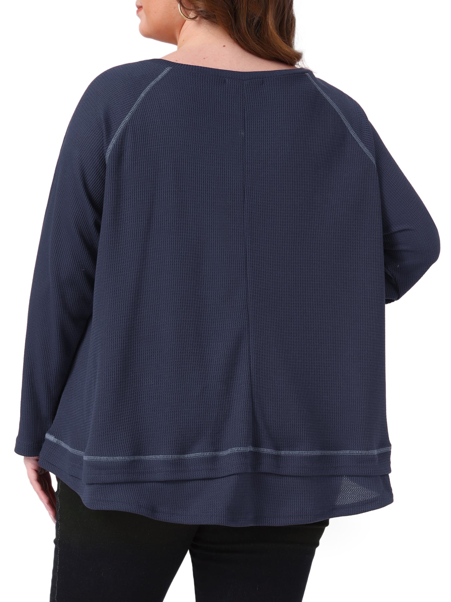 Women Plus Size Waffle Knitted Top V Neck Long Sleeve Patchwork Hem Pullover Knit Sweater Blouse