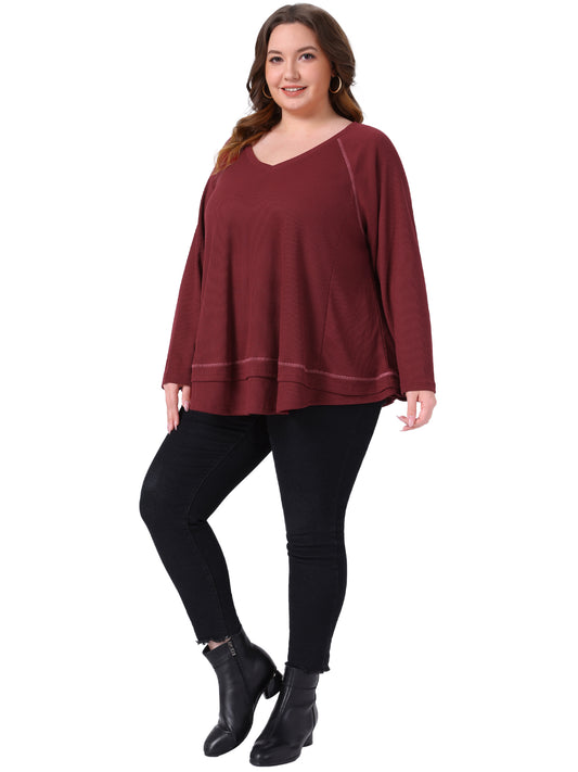 Women Plus Size Waffle Knitted Top V Neck Long Sleeve Patchwork Hem Pullover Knit Sweater Blouse