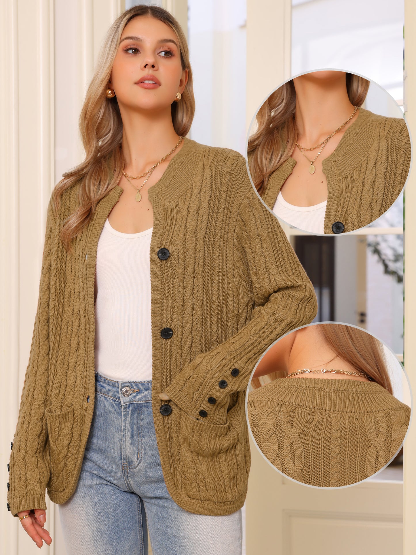 Women's Cardigan Open Front Button Down Long Sleeve Cable Knit Sweater with Pockets