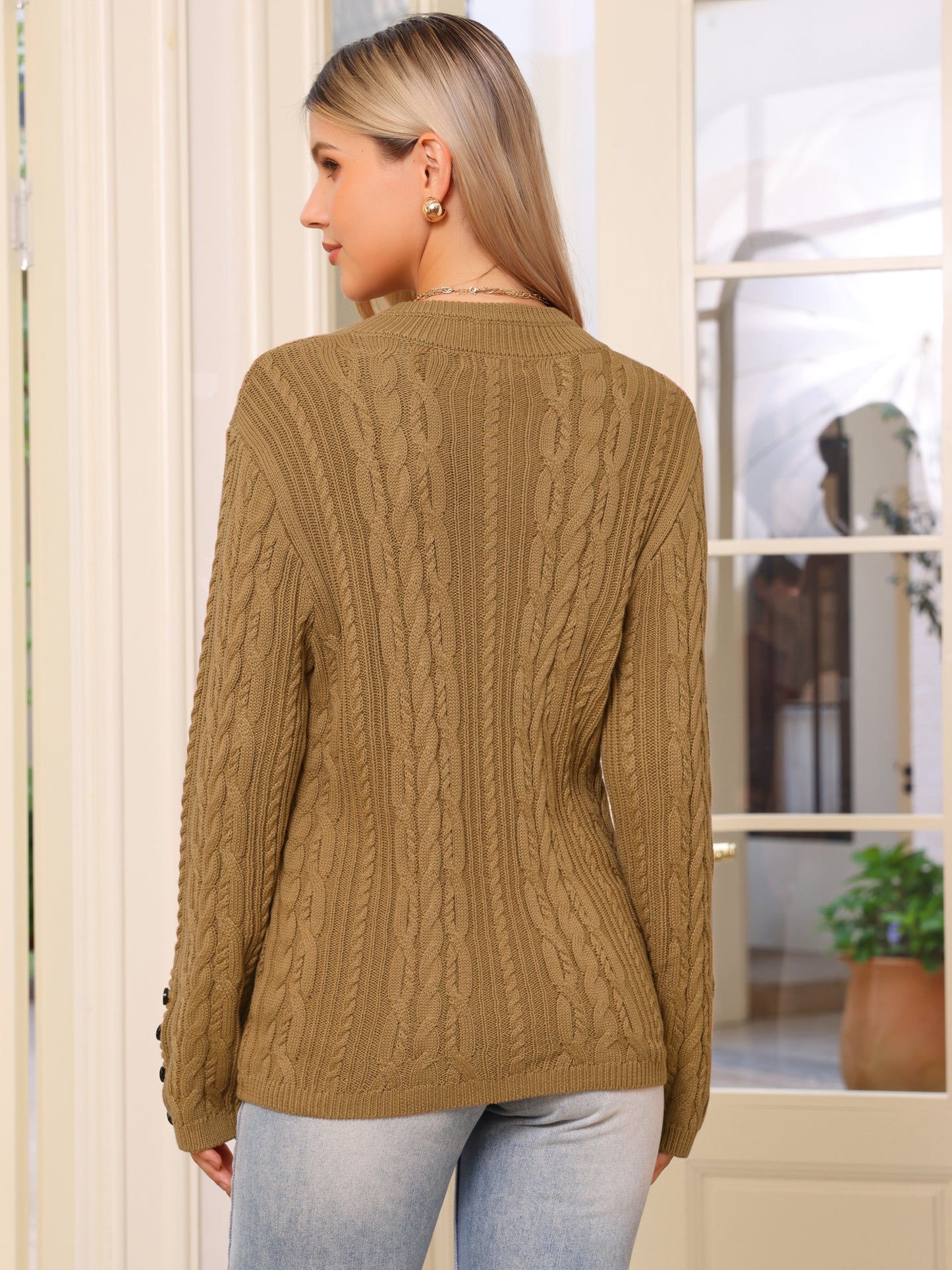 Women's Cardigan Open Front Button Down Long Sleeve Cable Knit Sweater with Pockets