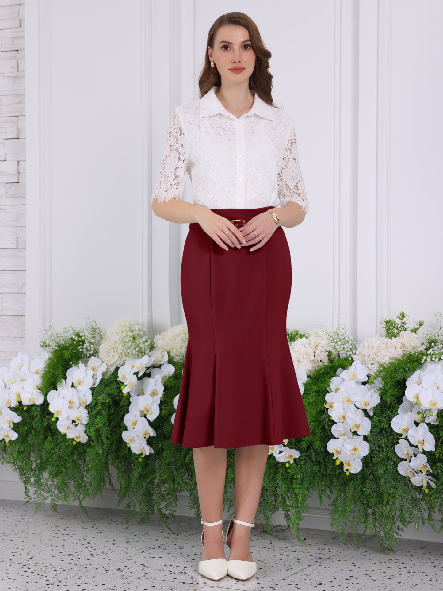 Women's Elegant Fishtail Skirt High Waist Belted Elegant Midi Mermaid Skirts