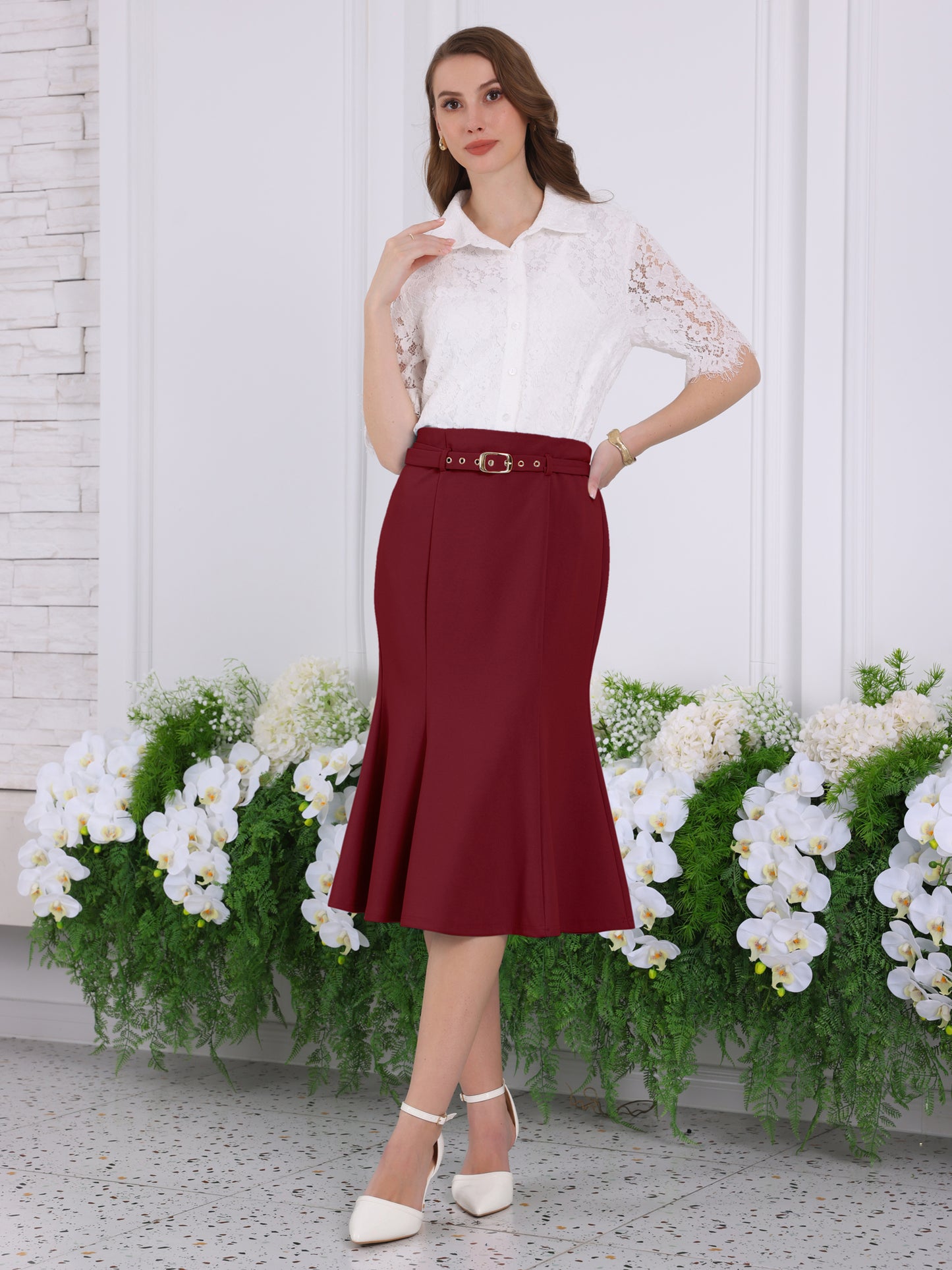 Women's Elegant Fishtail Skirt High Waist Belted Elegant Midi Mermaid Skirts