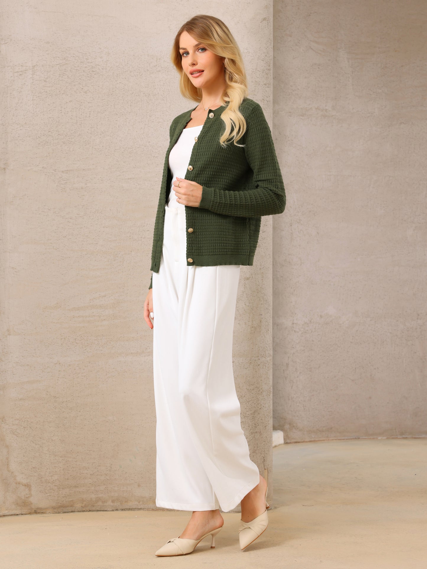 Women's Button Down Cardigan Sweater Crewneck Long Sleeve Knit Ribbed Outwear