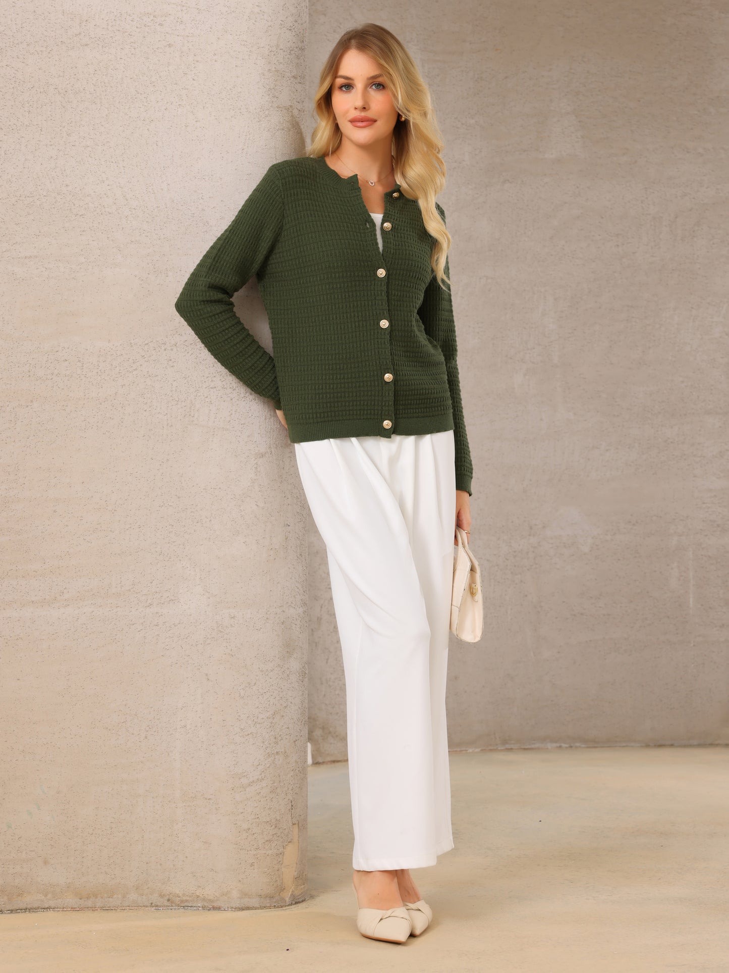 Women's Button Down Cardigan Sweater Crewneck Long Sleeve Knit Ribbed Outwear