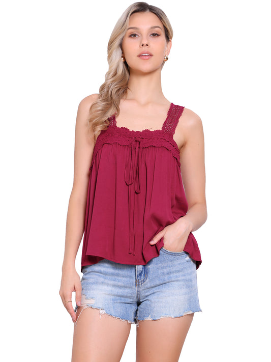 Women's Casual Sleeveless Top Square Neck Panel Lace Ruffles Tank Top