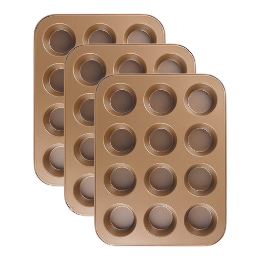 3 Pack Cup Cake Pans, Nonstick 12 Cups, Muffin-Pan for Baking