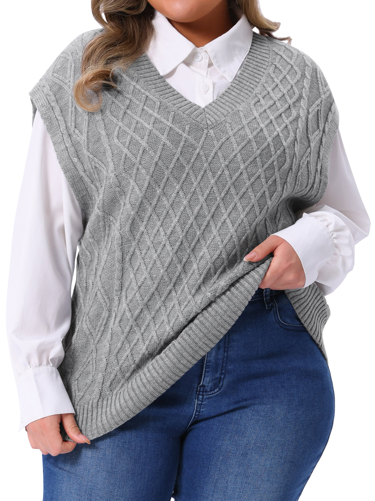 Women Plus Size V Neck Sleeveless Knit Solid Ribbed Pullover Sweater Vest