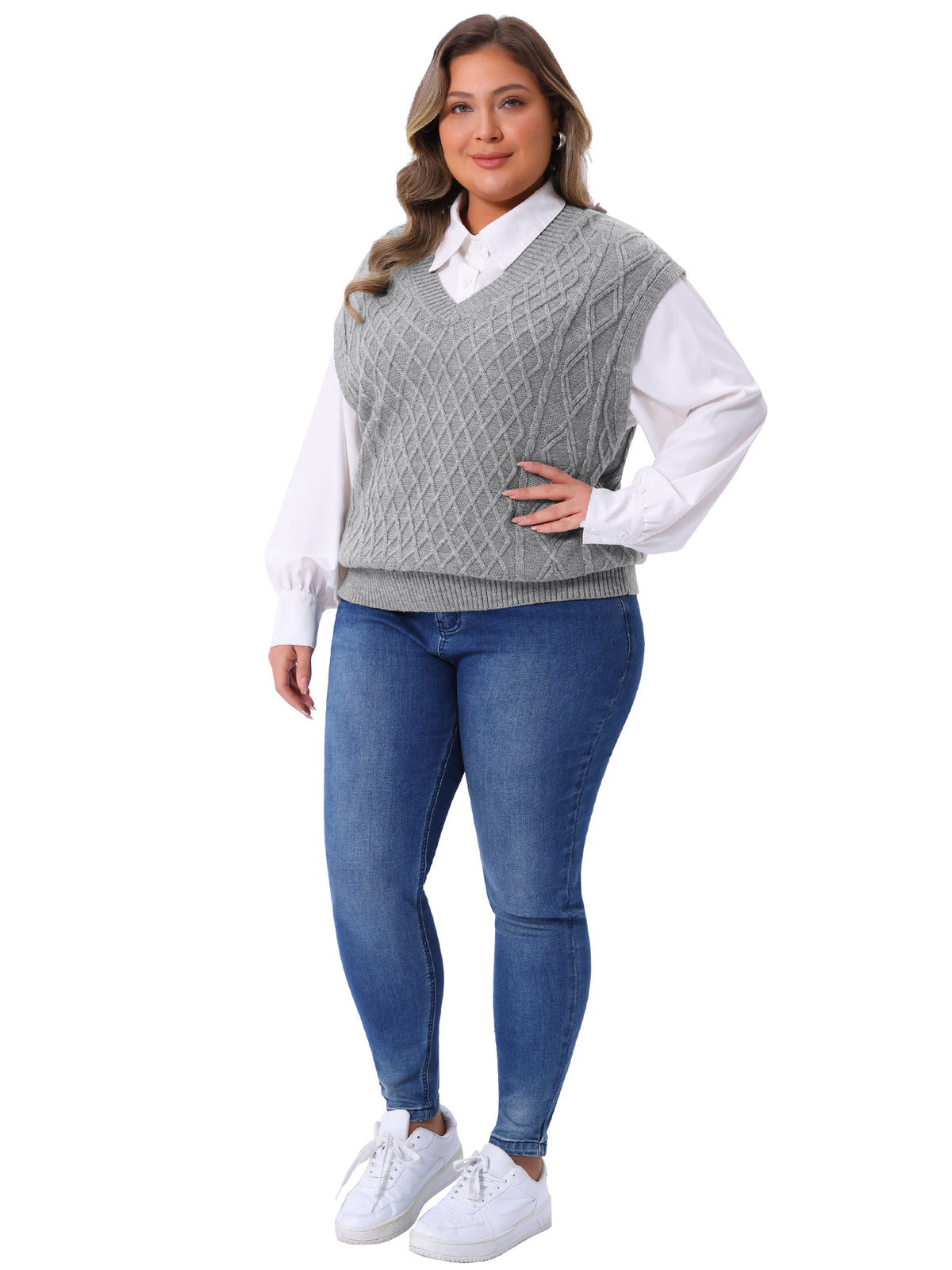 Women Plus Size V Neck Sleeveless Knit Solid Ribbed Pullover Sweater Vest