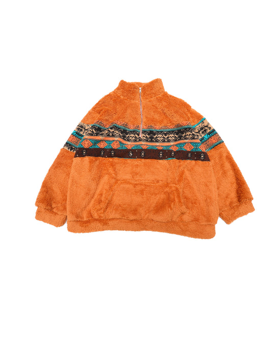 Women Plus Size Fleece Sweatshirt Western Aztec Print 1/4 Zip Long Sleeve Casual Fuzzy Pullover Top with Pockets