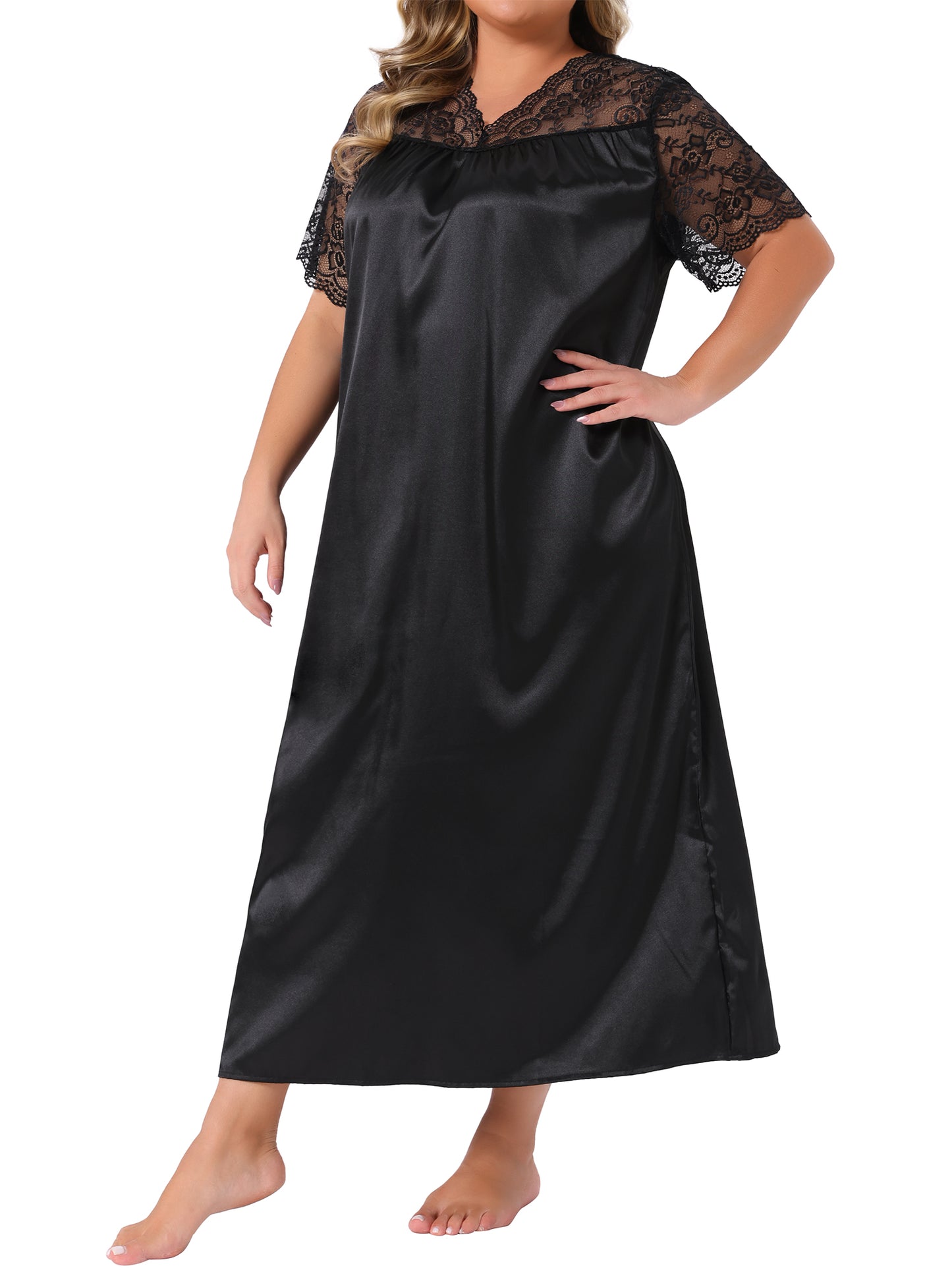 [PACK SALES] Women's Plus Size 2 Pieces Nightwear Satin Lace Hollow V Neck Short Sleeve Chemise Lounge Maxi Sleep Dress