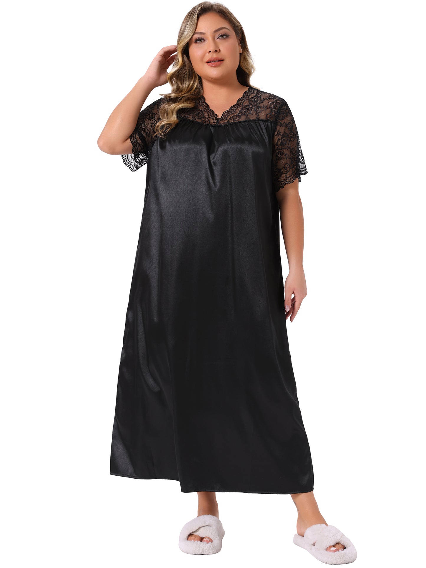 [PACK SALES] Women's Plus Size 2 Pieces Nightwear Satin Lace Hollow V Neck Short Sleeve Chemise Lounge Maxi Sleep Dress