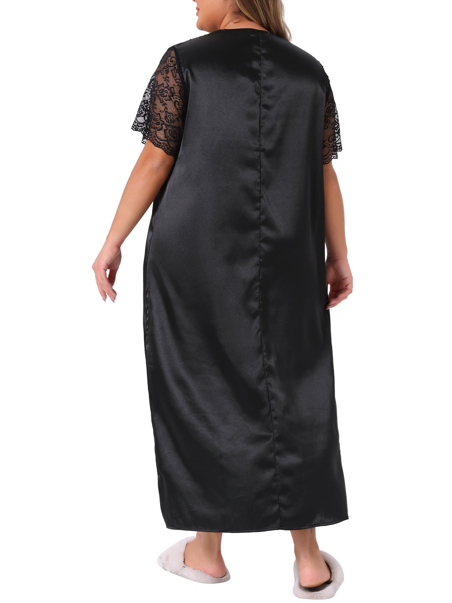 [PACK SALES] Women's Plus Size 2 Pieces Nightwear Satin Lace Hollow V Neck Short Sleeve Chemise Lounge Maxi Sleep Dress
