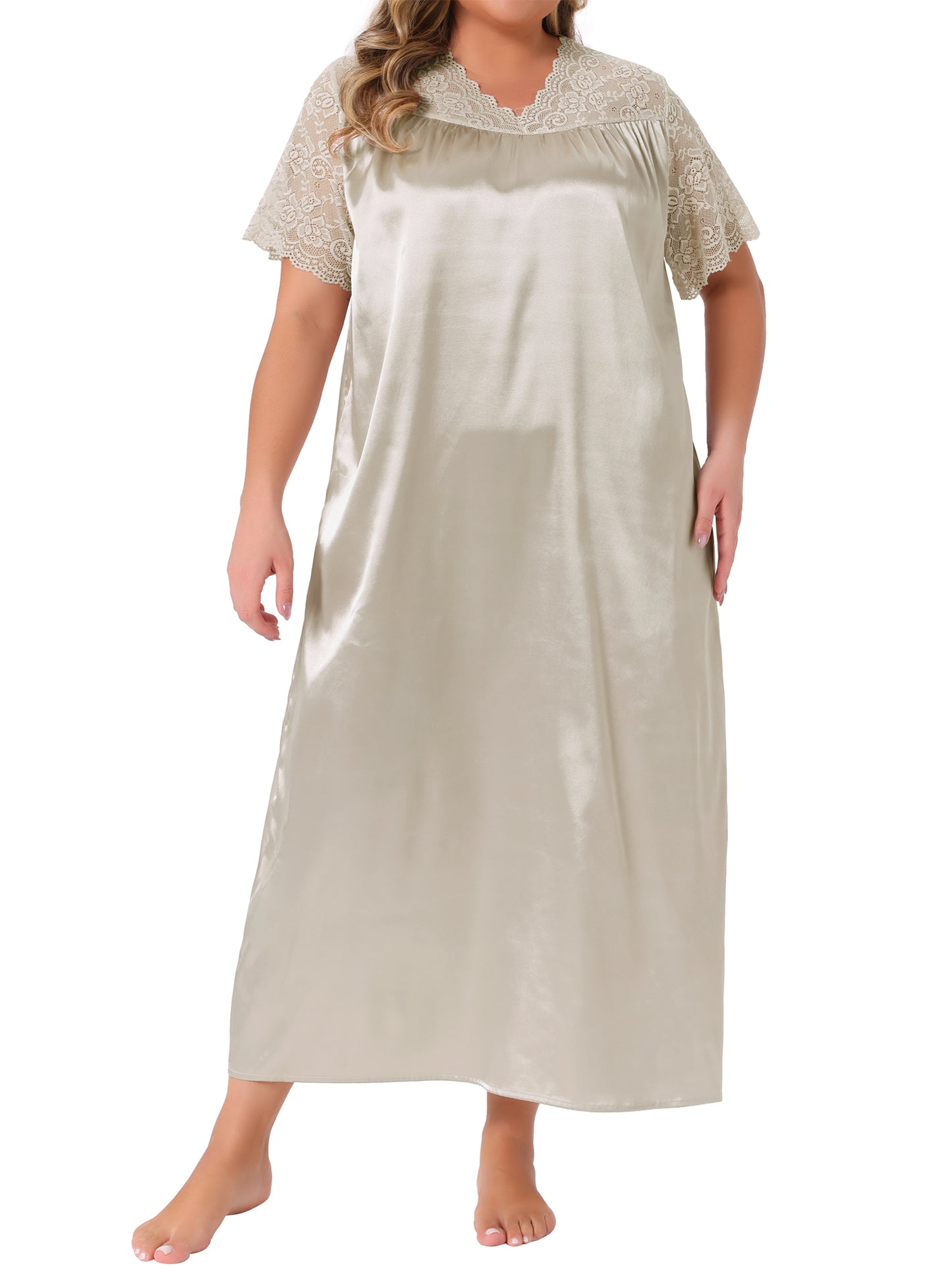 Women Plus Size Nightgown Lace Short Sleeve Dress V Neck Satin Maxi Sleepwear