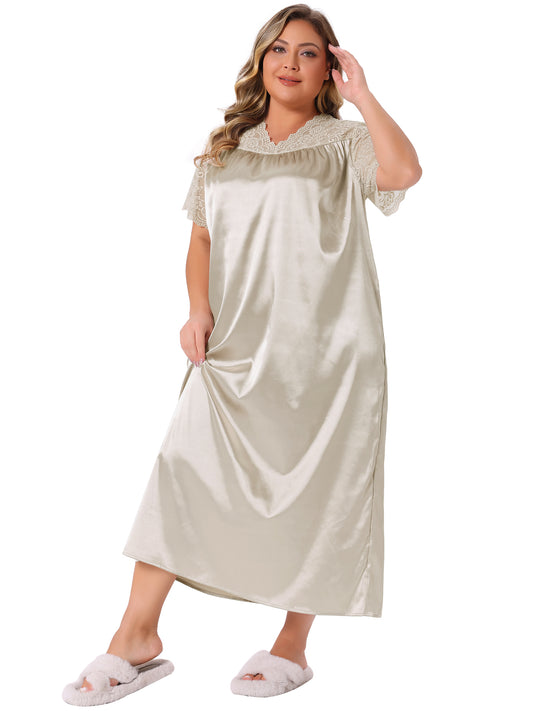 Women Plus Size Nightgown Lace Short Sleeve Dress V Neck Satin Maxi Sleepwear