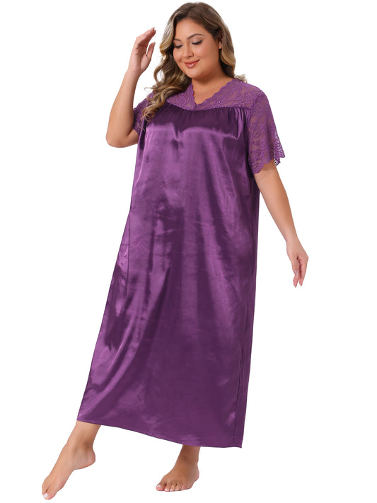 Women Plus Size Nightgown Lace Short Sleeve Dress V Neck Satin Maxi Sleepwear