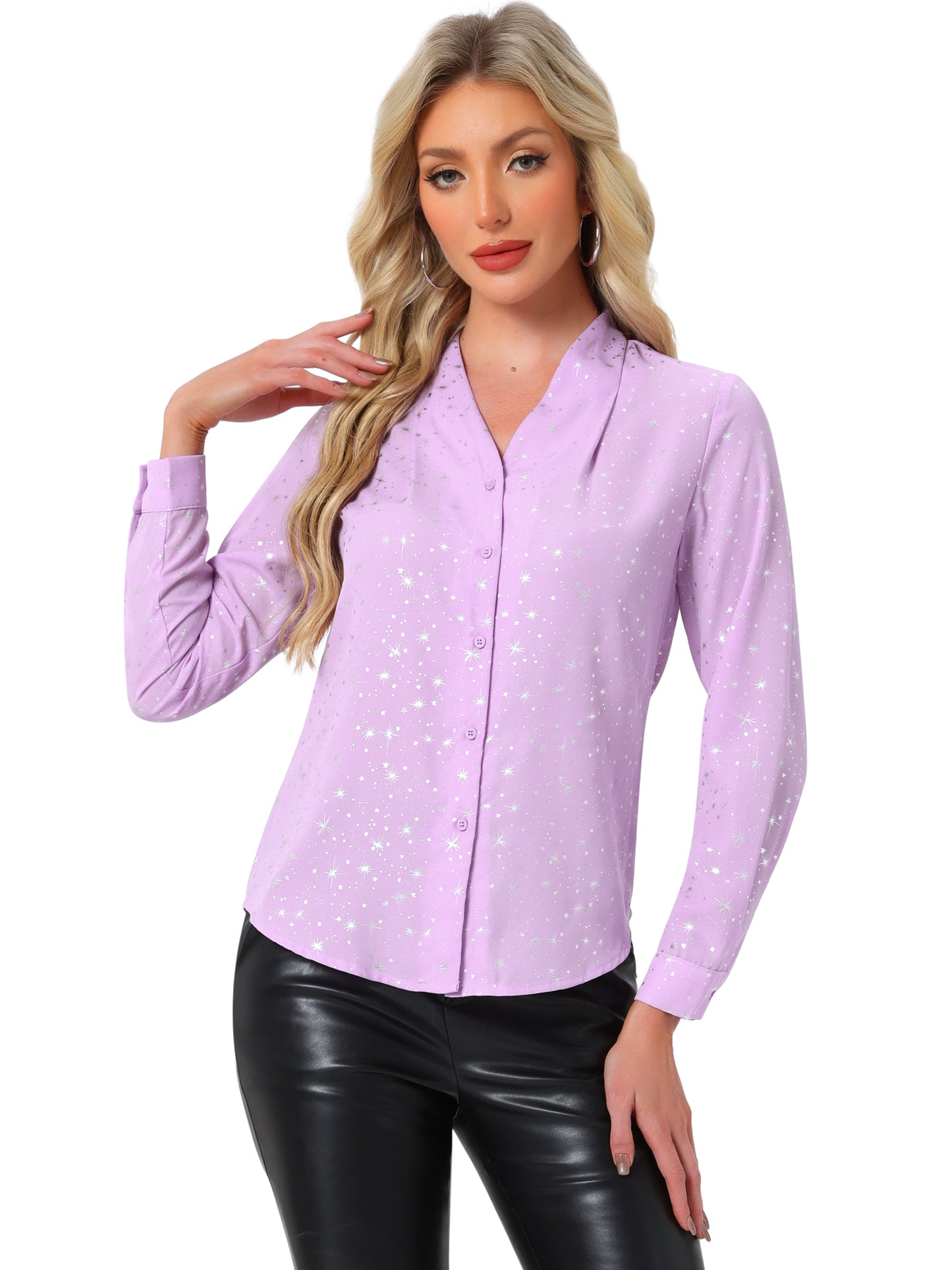 Women's Metallic Patterned V Neck Long Sleeve Gilding Sparkly Shirt (Available in Plus Size)