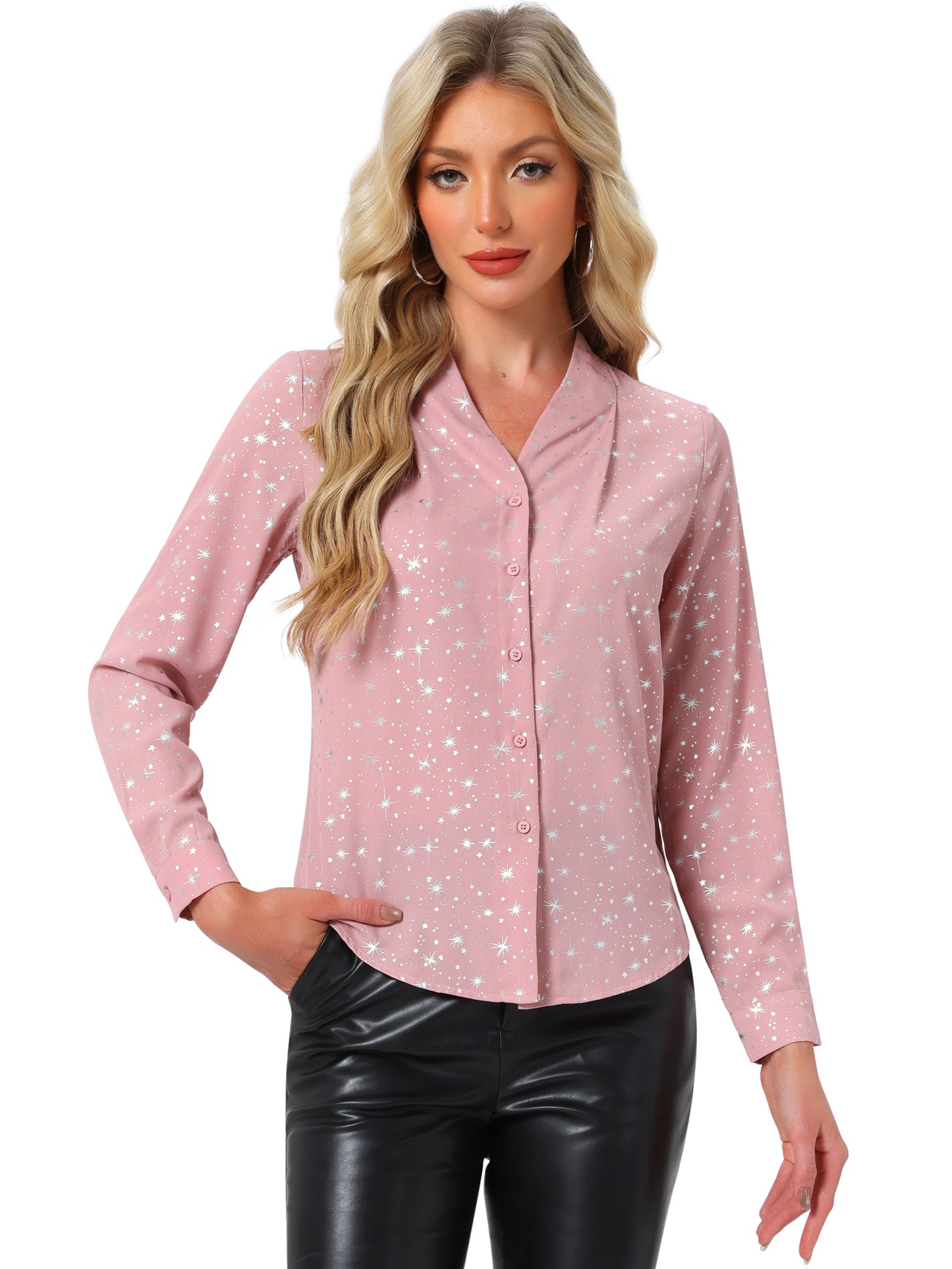 Women's Metallic Patterned V Neck Long Sleeve Gilding Sparkly Shirt (Available in Plus Size)