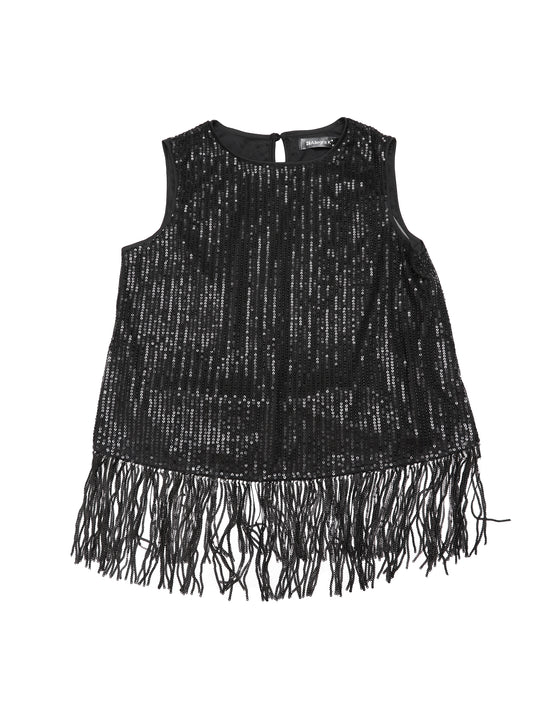 Women's Sequin Top Party Fringe Hem Sleeveless Round Neck Club Tank