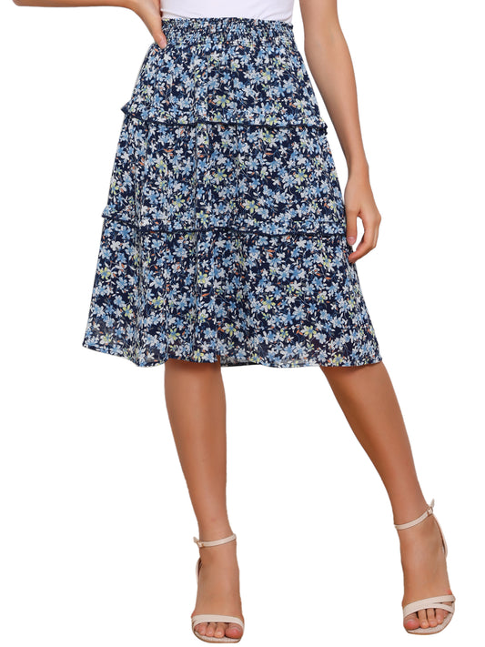 Women's Floral Skirts Spring Smocked Elastic Waist A-Line Below Knee Length Ruffle Tiered Skirt