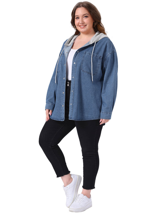 Chaqueta vaquera de talla grande para mujer, de manga larga, con capucha y bloques de color, con bolsillos