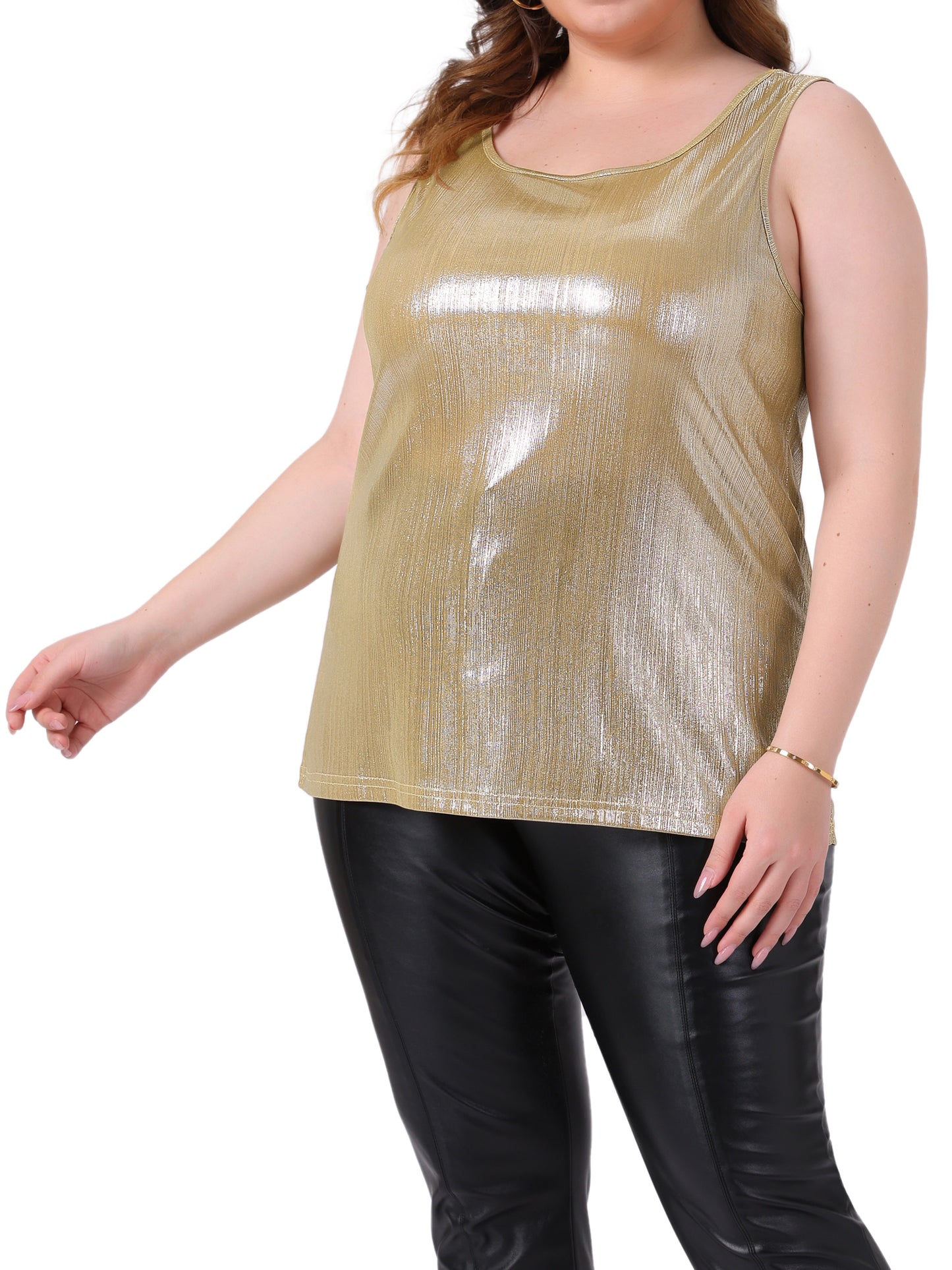 Women Plus Size Tops Scoop Neck Sleeveless Party Clubwear Holographic Shiny Metallic Tank Top