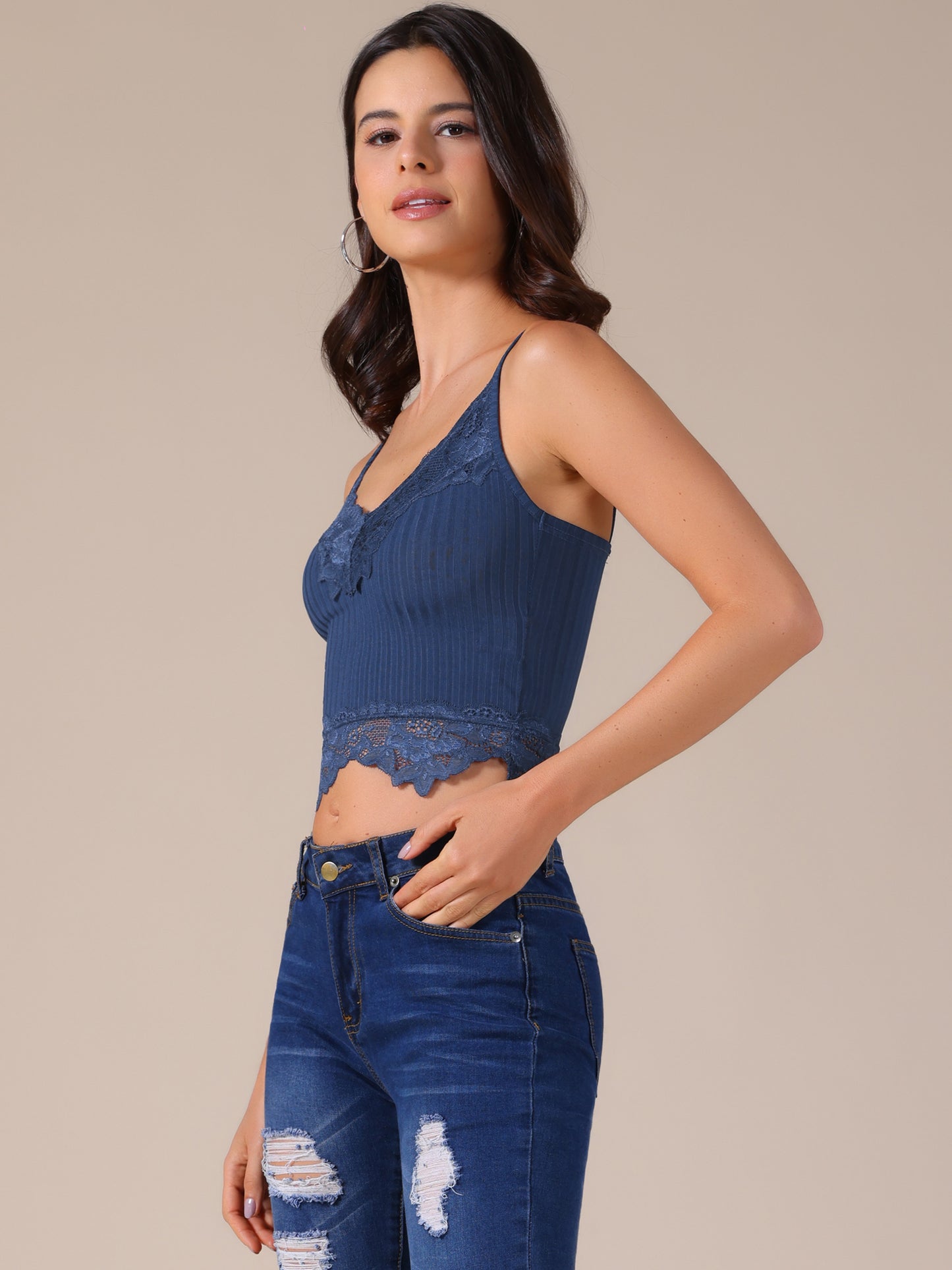 Women's Sexy V Neck Sleeveless Lace Trim Cropped Tank Top