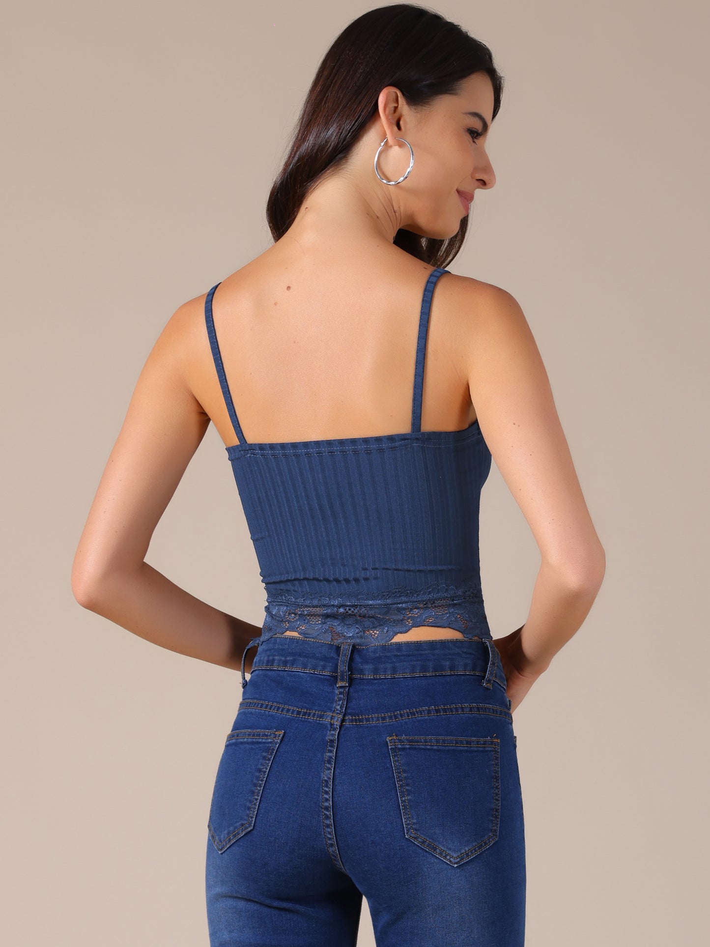 Women's Sexy V Neck Sleeveless Lace Trim Cropped Tank Top