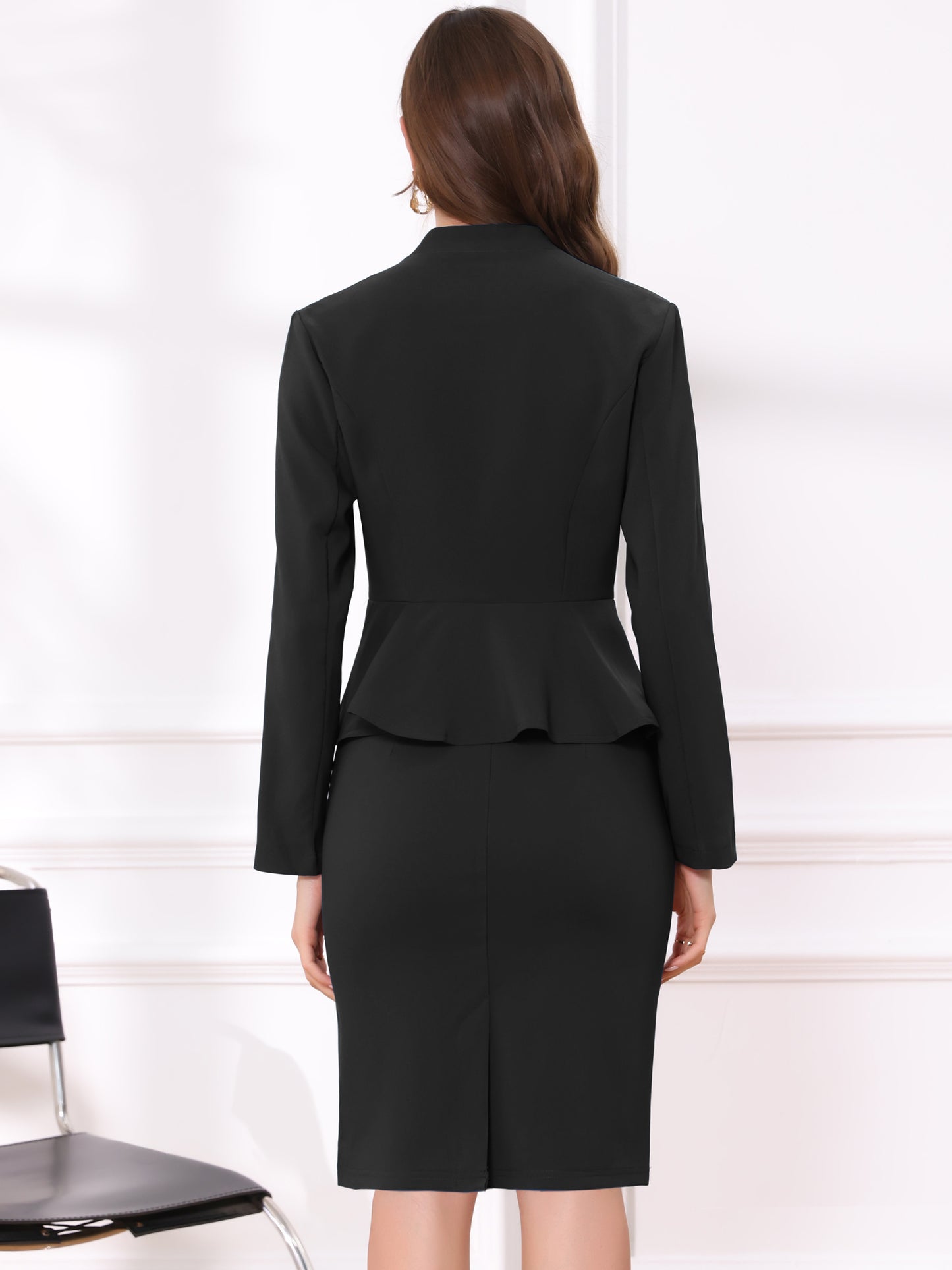Women's Business 2 Piece Suit Set Long Sleeve Collarless Peplum Blazer Pencil Skirt