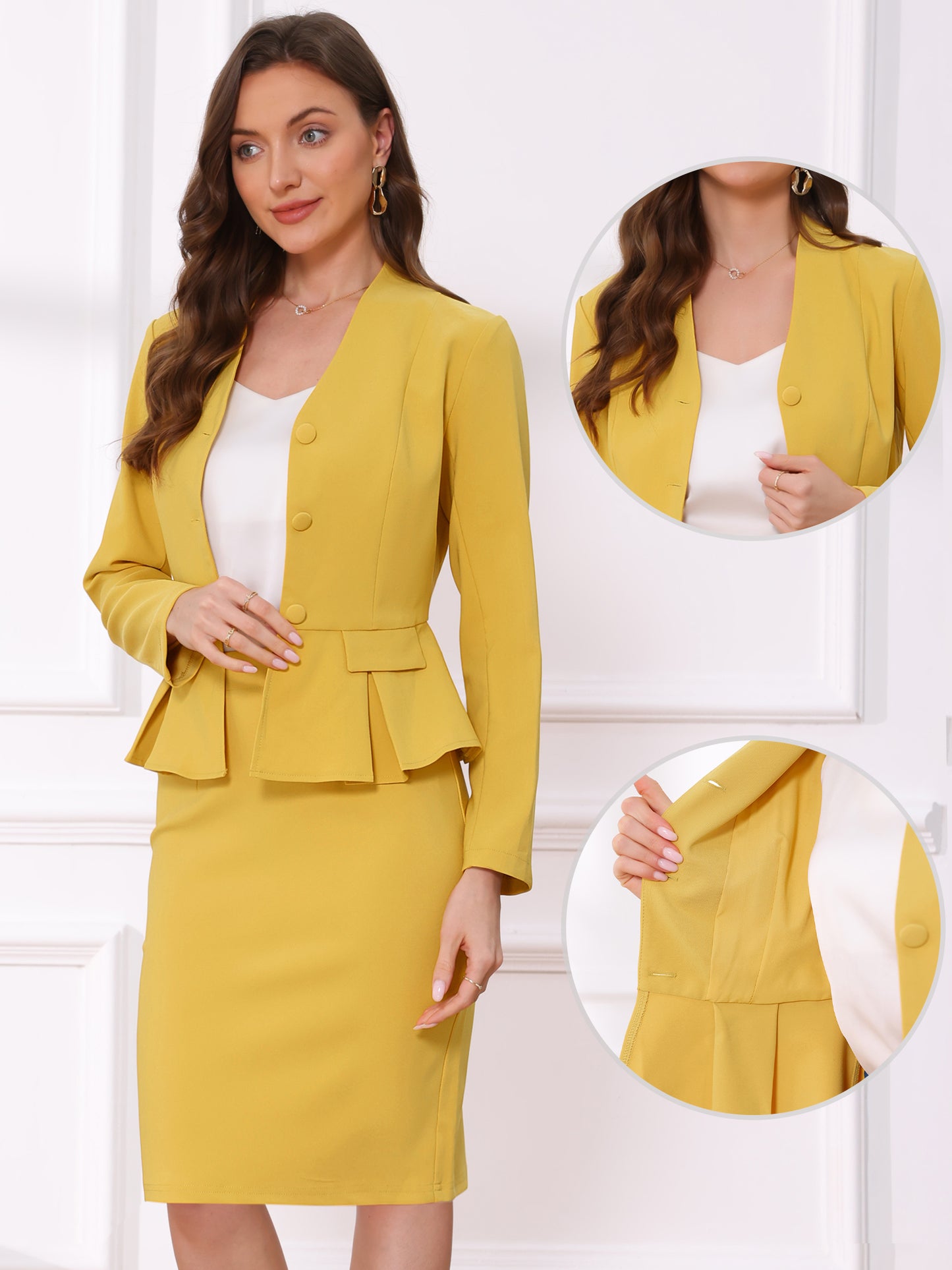 Women's Business 2 Piece Suit Set Long Sleeve Collarless Peplum Blazer Pencil Skirt