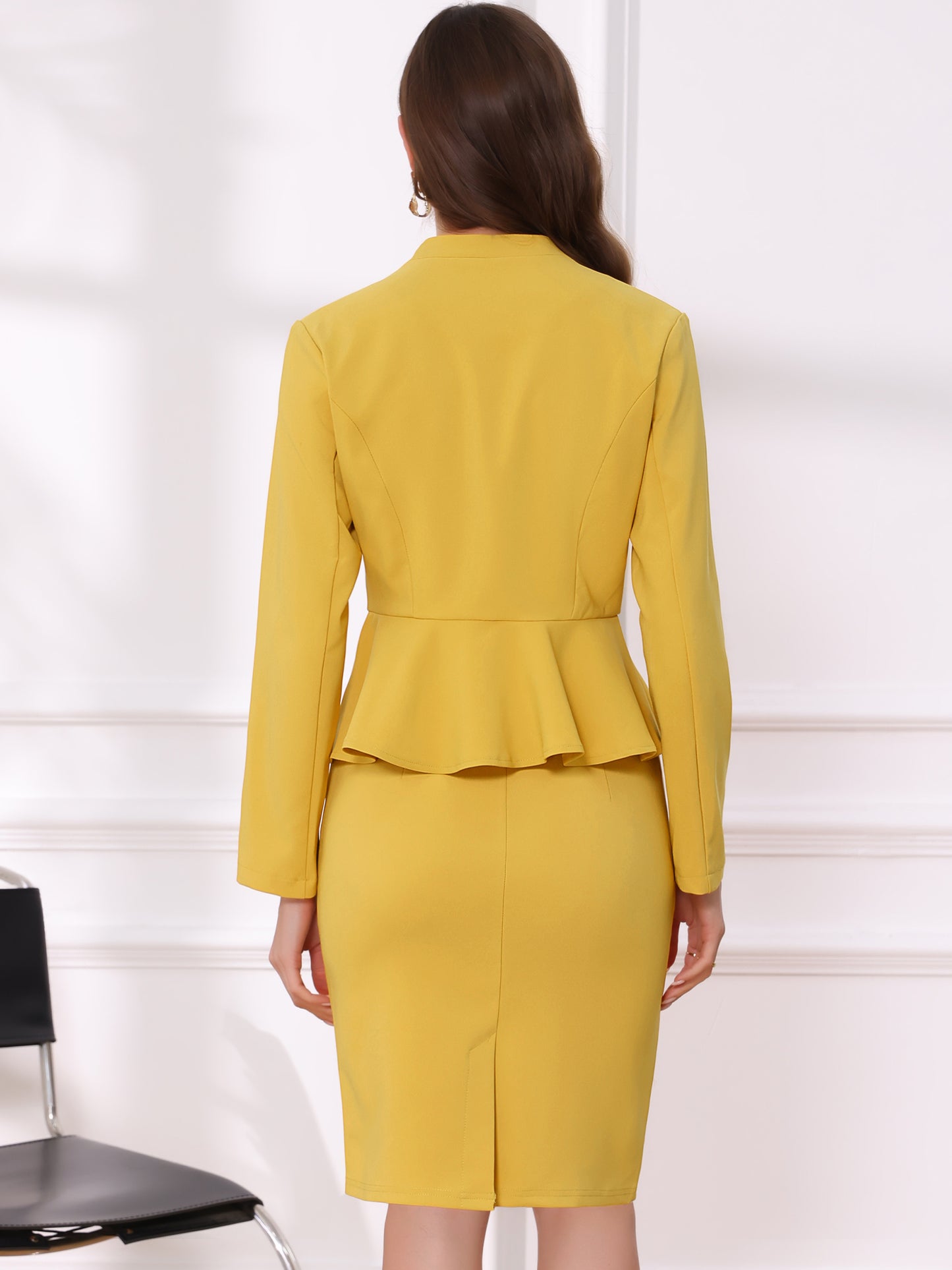 Women's Business 2 Piece Suit Set Long Sleeve Collarless Peplum Blazer Pencil Skirt