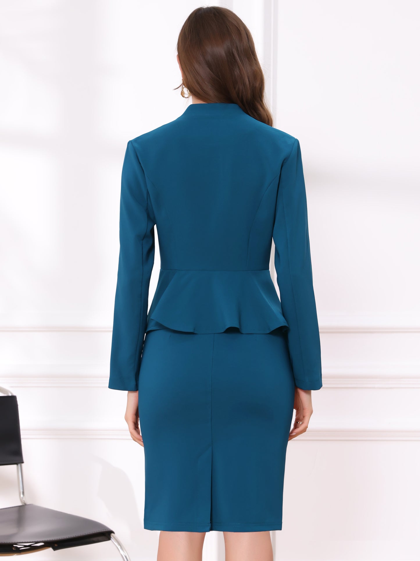 Women's Business 2 Piece Suit Set Long Sleeve Collarless Peplum Blazer Pencil Skirt