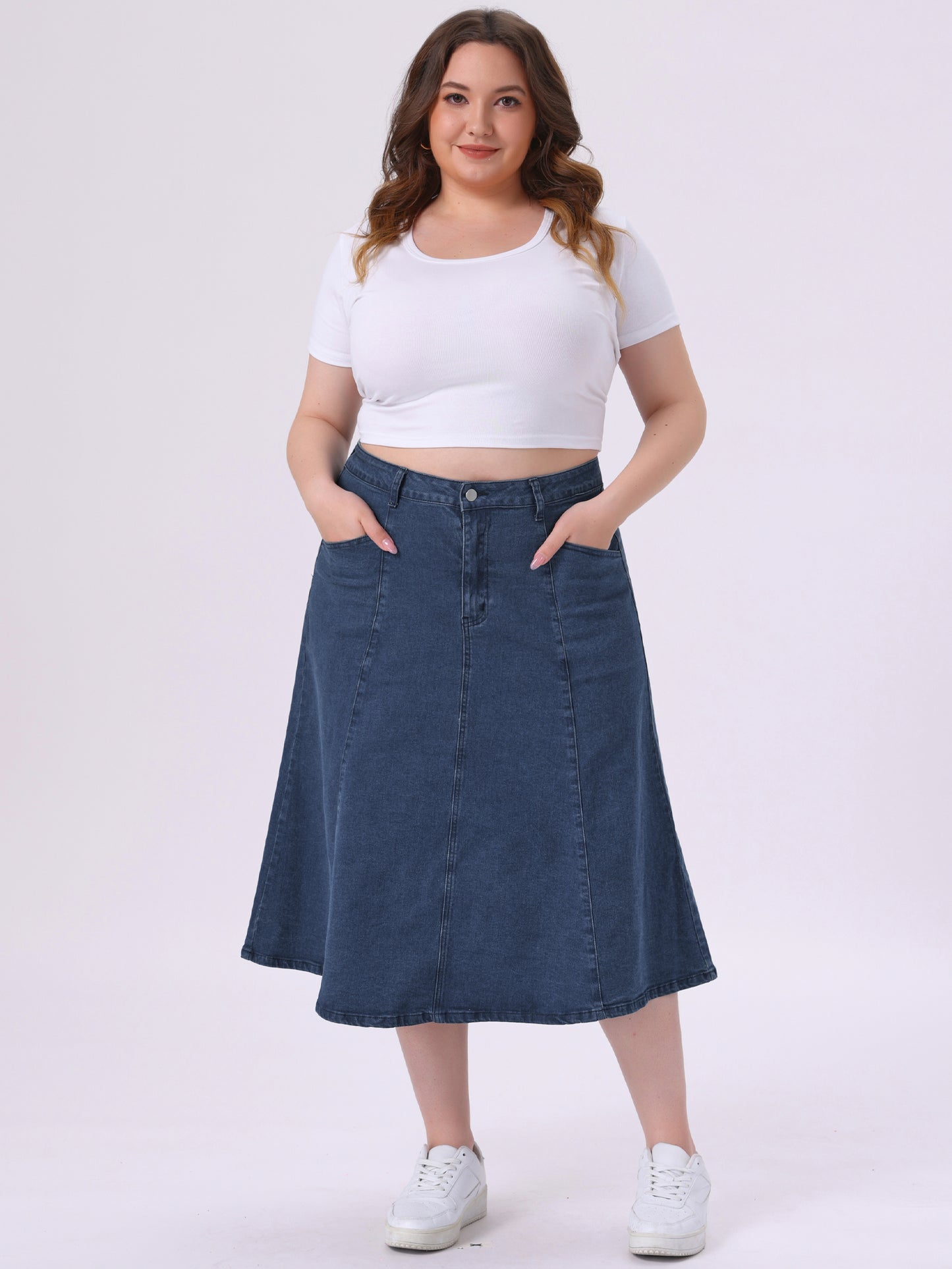 Women's Plus Size Denim Skirts Vintage High Waist with Pockets A-Line Midi Jean Skirt