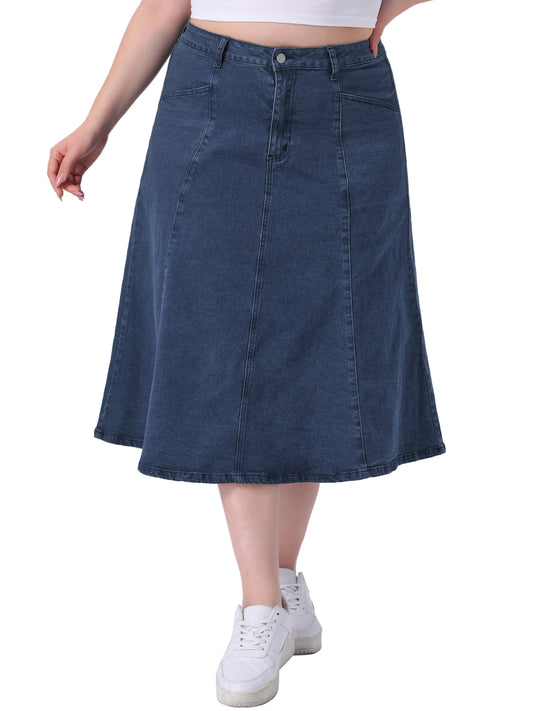 Faldas vaqueras vintage de talla grande para mujer, de cintura alta y con bolsillos, corte A, midi.