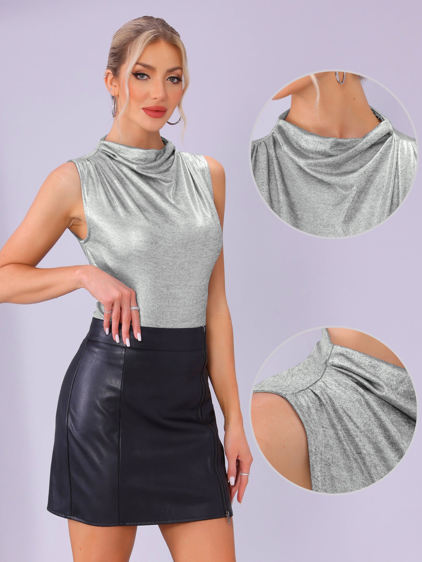 Women's Cowl Neck Ruched Sleeveless Party Shiny Metallic Tank Top