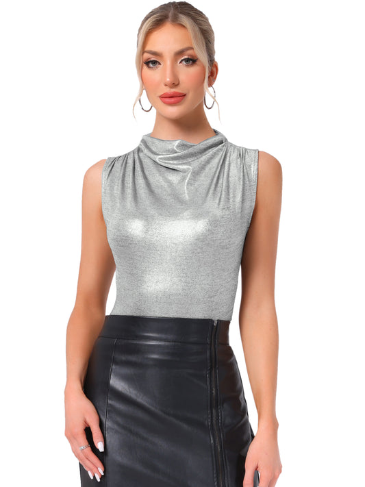 Top de fiesta sin mangas fruncido con cuello vuelto para mujer, de metal brillante