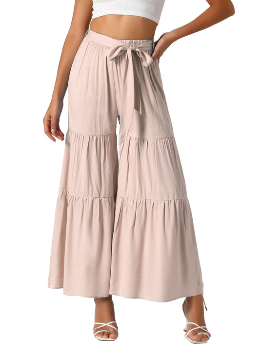 Women's Boho Elastic High Waisted Ruffles Flare Palazzo Wide Leg Pants