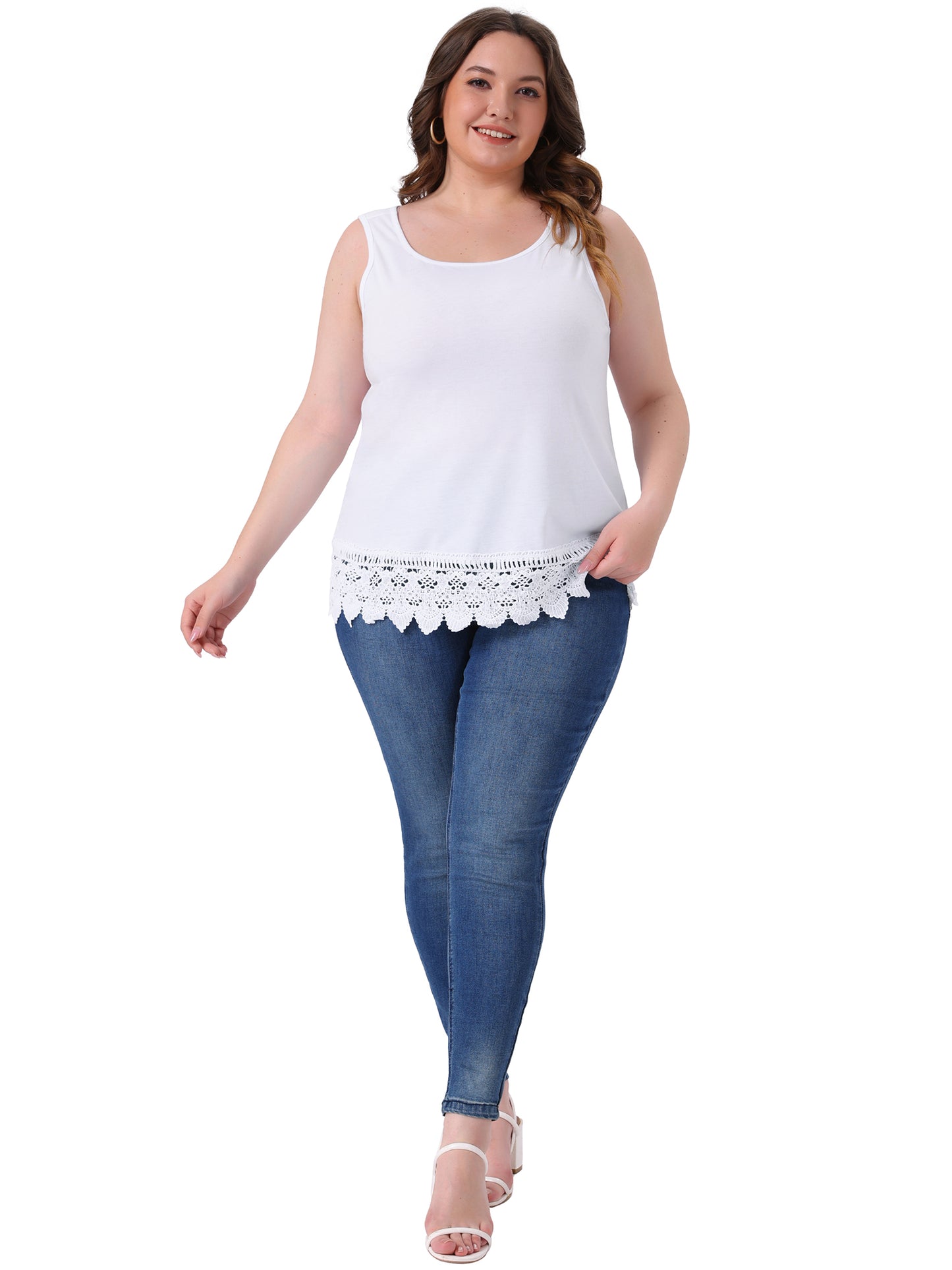 Women Plus Size Tops Round Neck Sleeveless Swing Lace Panel Flowy Tee Tops Summer